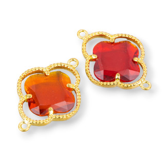 Brass Component Connector with Cat's Eye Crystals Set in Four Leaf Clover 20x28mm 10pcs Golden Red