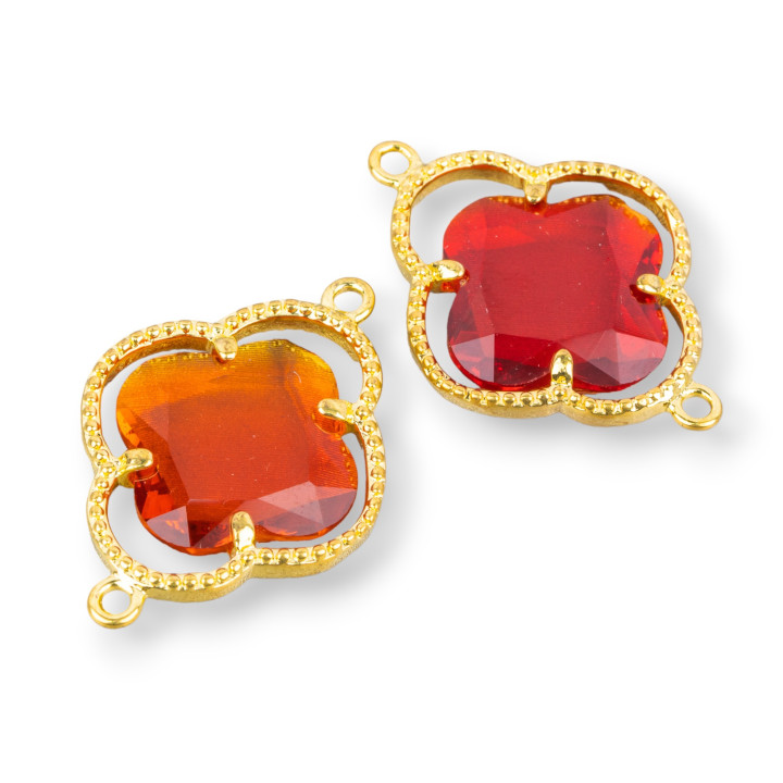 Conector de componente de latón con juego de cristales de ojo de gato trébol de cuatro hojas 20x28mm 10 Uds rojo dorado