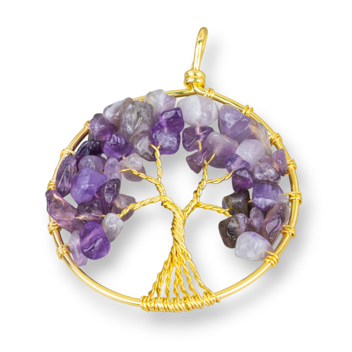 Μενταγιόν Tree of Life με Ημιπολύτιμες πέτρες 50mm 2τμχ Χρυσός Αμέθυστος