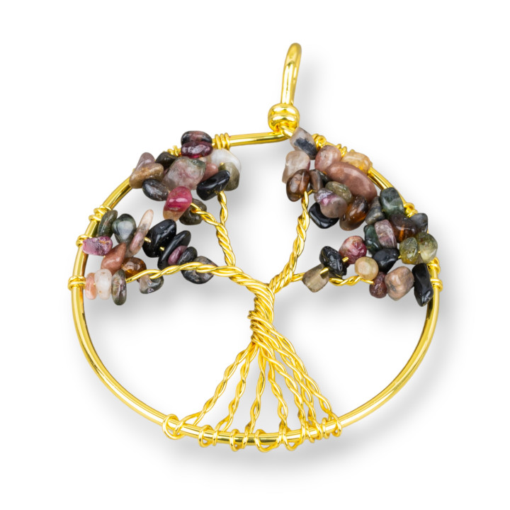 Tree of Life Pendant with Semi-precious Stones 50mm 2pcs Tourmaline