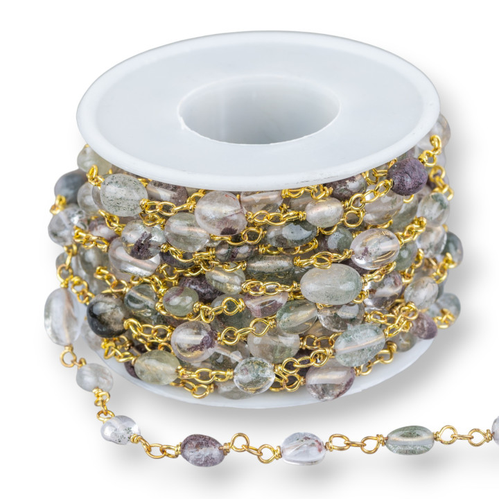 Chaîne de chapelet en laiton avec pierres dures roulées 1mt Quartz fantôme doré