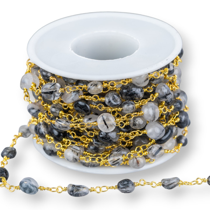 Cadena De Rosario Latón Con Piedras Duras Piedras Caídas 1mt Cuarzo Rutilado Dorado Negro Claro