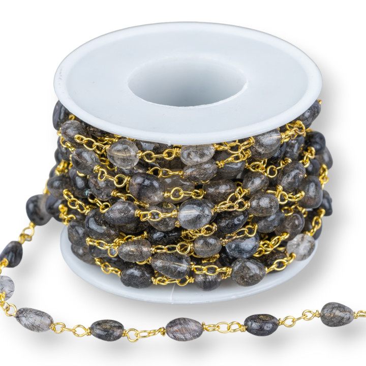 Brass Rosary Chain With Semi-precious Stones Tumbled Stones 1m Golden Dark Black Rutilated Quartz