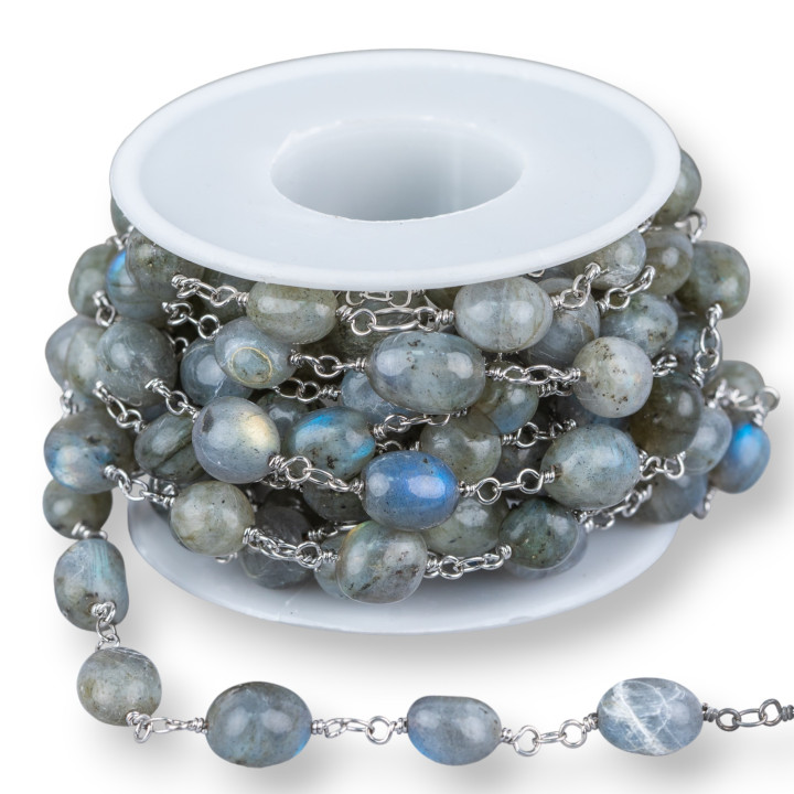 Brass Rosary Chain With Semi-precious Stones Tumbled Stones 1m Rhodium Plated Large Labradorite