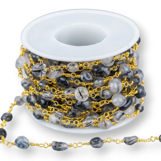 Catena Rosario Di Ottone Con Pietre Dure Sassi Burattati 5 Metri Dorato Quazo Rutilato Nero Chiaro