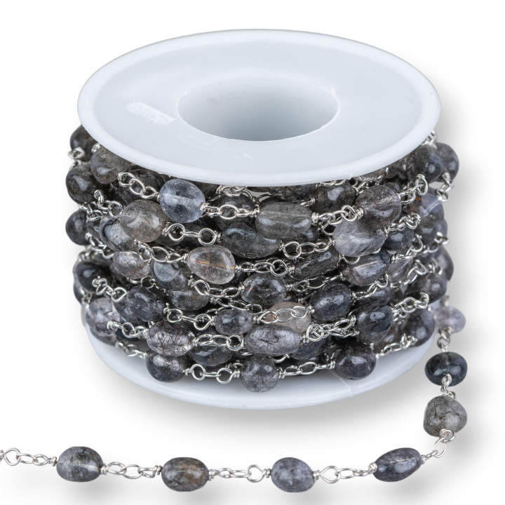 Rosenkranzkette aus Messing mit Hartsteinen Trommelsteine 5mt Rhodium Rutilquarz Dunkelschwarz