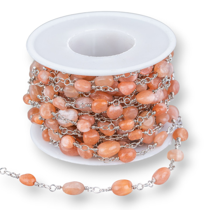 Rosenkranzkette aus Messing mit harten Steinen Trommelsteine 5mt Rhodium Sonnenstein