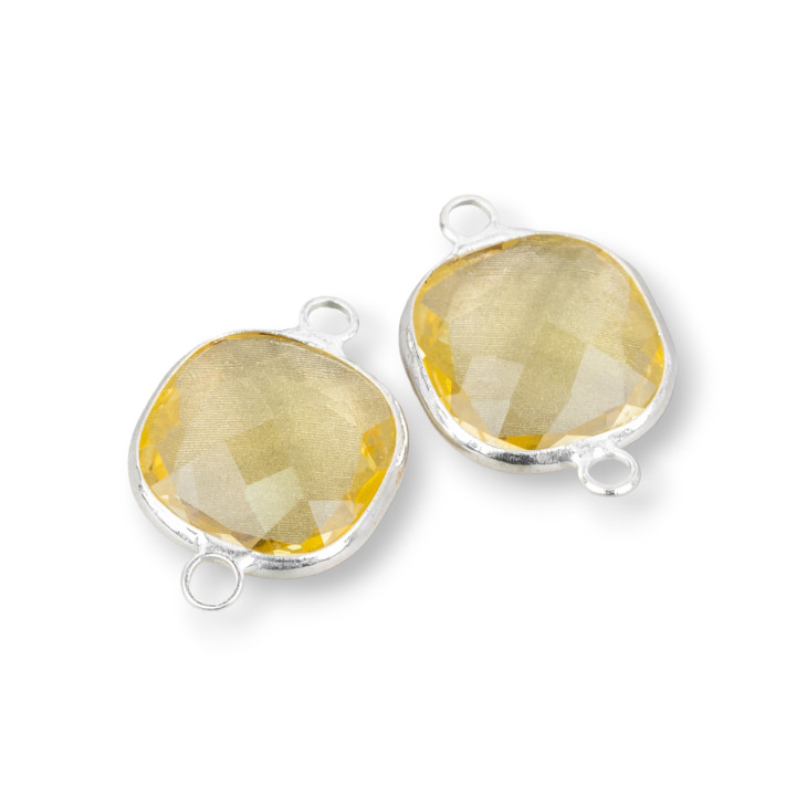 Connettore Componente Cabochon Incastonato Di Cristalli Quadrato 14mm Con 2 Anellini 10pz Rodiato Citrino