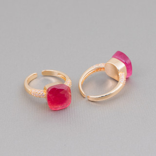 Anello Regolabile in Bronzo Dorato Collezione ELEN-1 con Occhio di Gatto a Cuscinetto 10mm e Zirconi Rosso Trasparente | Gioiel
