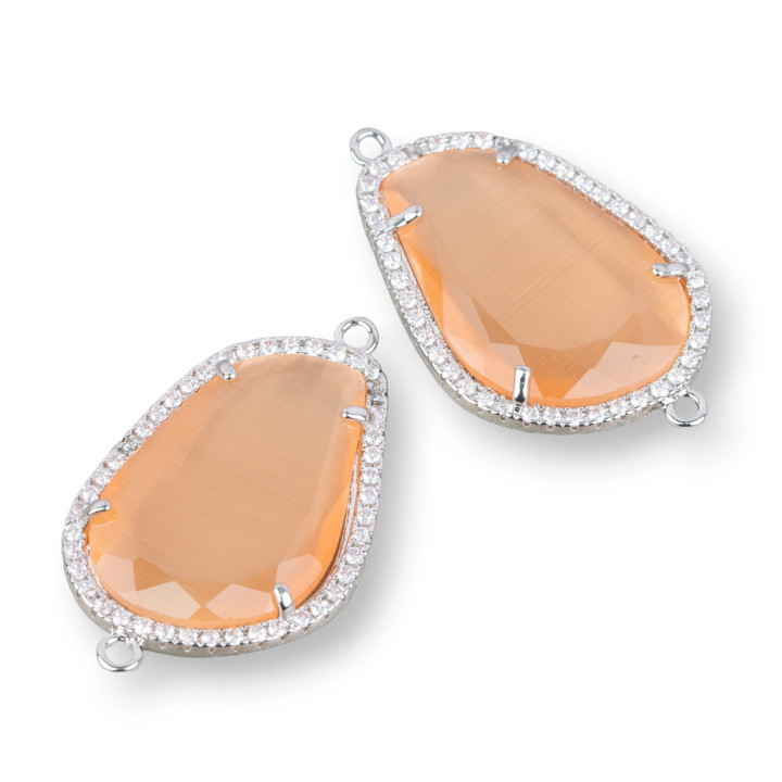 Brass Component Connector With Set Cat's Eye And Irregular Zircons 18x30mm 10pcs Rhodium Plated Peach