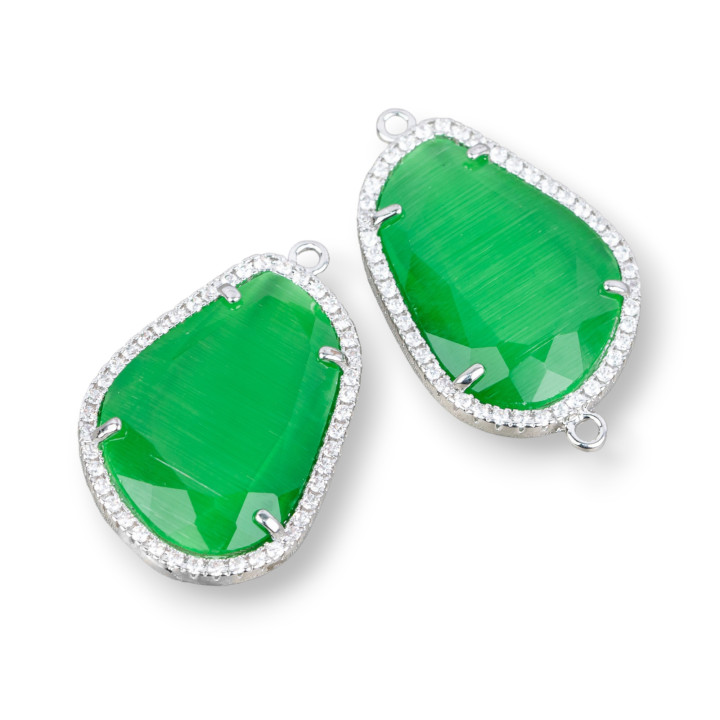 Connettore Componente Di Ottone Con Occhio Di Gatto Incastonati E Zirconi Irregolare 18x30mm 10pz Rodiato Verde