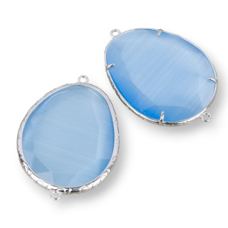 Conector Componente Latón Con Ojo De Gato Incrustado Irregular 32x46mm Con 2 Anillos 3pcs Rodio Azul