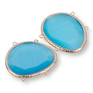 Brass Component Connector With Cat's Eye Embedded Irregular 35x40mm With 4 Rings 3pcs Golden Turquoise