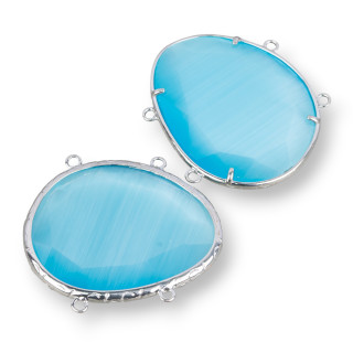 Connettore Componente Di Ottone Con Occhio Di Gatto Incastonati Irregolare 35x40mm Con 4 Anellini 3pz Rodiato Azzurro