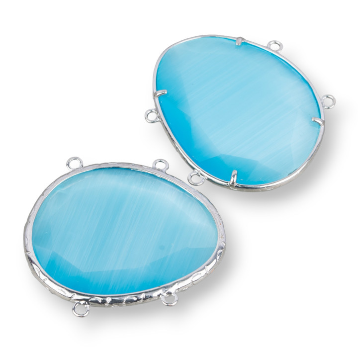 Connettore Componente Di Ottone Con Occhio Di Gatto Incastonati Irregolare 35x40mm Con 4 Anellini 3pz Rodiato Azzurro