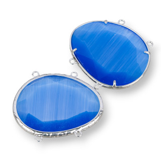 Brass Component Connector With Cat's Eye Embedded Irregular 35x40mm With 4 Rings 3pcs Rhodium-plated Light Blue