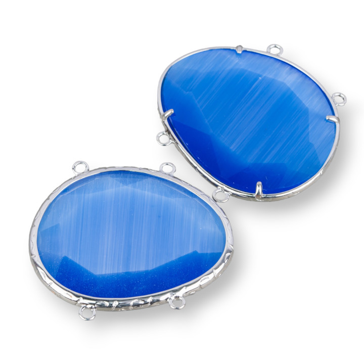 Connecteur de composant en laiton oeil de chat intégré irrégulier 35x40mm avec 4 anneaux 3pcs plaqué rhodium bleu clair