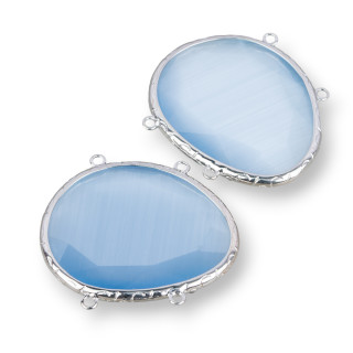 Conector Latón Componente Con Ojo De Gato Incrustado Irregular 35x40mm Con 4 Anillos 3pcs Rodio Azul