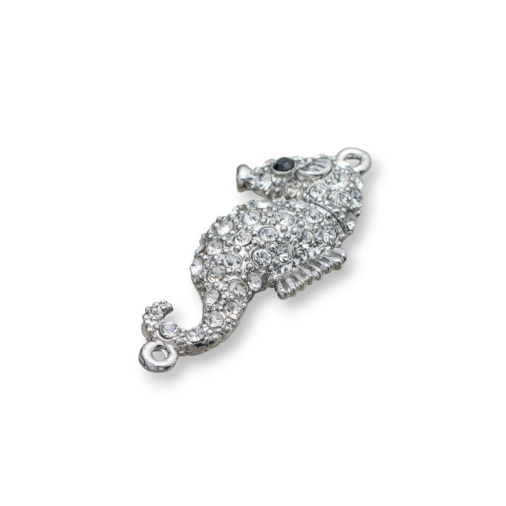 Chiusura Di Ottone Con Strass Cavalluccio Marino 20x40mm Magnetico 10pz Rodiato