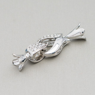 Brass Clasp With Patterned Rhinestones 45x15mm - 8pcs Rhodium Plated