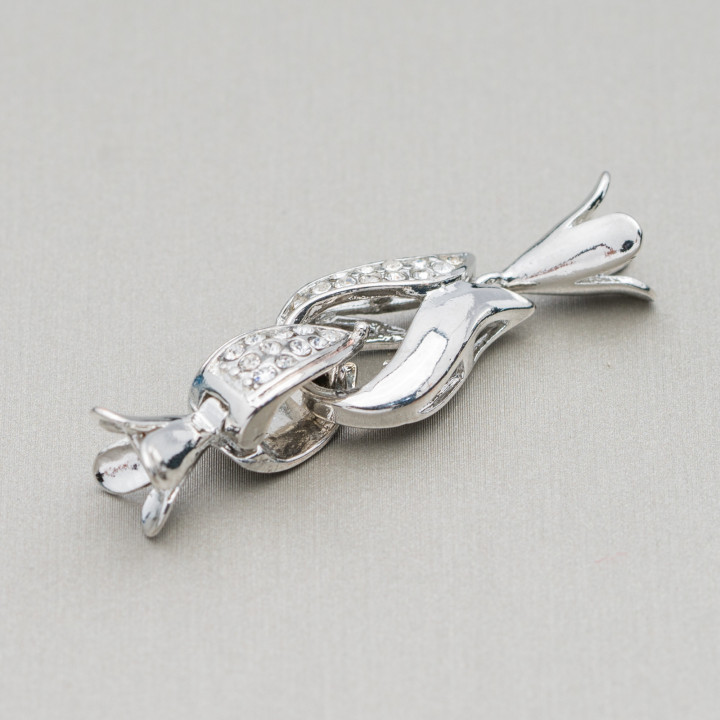 Brass Clasp With Patterned Rhinestones 45x15mm - 8pcs Rhodium Plated