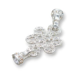 Chiusura Di Ottone Con Strass Nodo Cinese Ad Intreccio 60x23mm Argentato 10pz