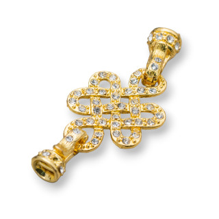 Chiusura Di Ottone Con Strass Nodo Cinese Ad Intreccio 60x23mm Dorato 10pz