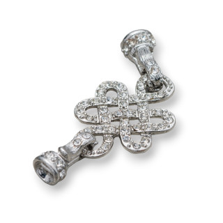 Brass Clasp With Rhinestones Chinese Knot Intertwined 60x23mm Rhodium Plated 10pcs