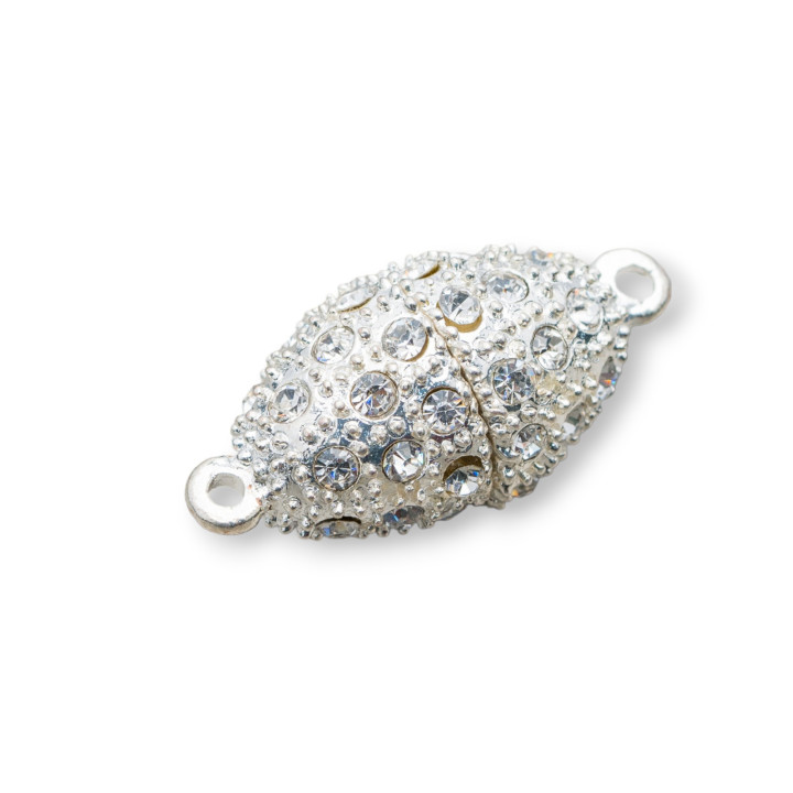 Oval Brass Clasp With Magnet With Rhinestones 14x29mm 14pcs Silver