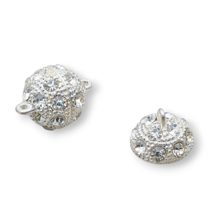 Brass Ball Closure With Magnet And Rhinestones 12mm 22pcs Silver