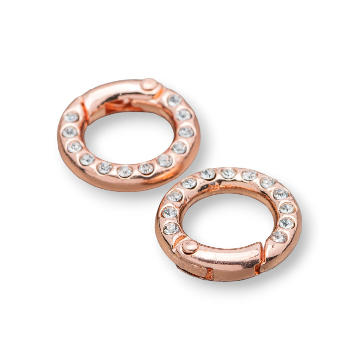 Chiusura Gancio di Ottone Tondo Con Strass 20mm 14pz Oro Rosa