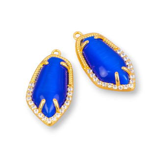 Conector Componente Latón Con Ojo De Gato Embebido Y Circonitas Irregulares 12x22mm 10pcs Azul Dorado