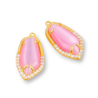 Connettore Componente Di Ottone Con Occhio Di Gatto Incastonati E Zirconi Irregolare 12x22mm 10pz Dorato Rosa