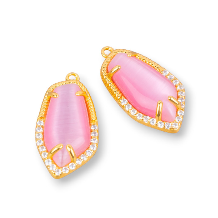 Connettore Componente Di Ottone Con Occhio Di Gatto Incastonati E Zirconi Irregolare 12x22mm 10pz Dorato Rosa