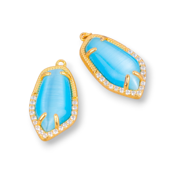 Brass Component Connector With Set Cat's Eye And Irregular Zircons 12x22mm 10pcs Golden Turquoise