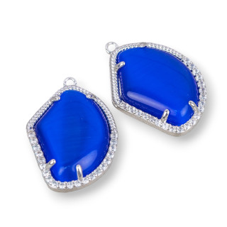 Brass Component Connector With Set Cat's Eye And Irregular Zircons 17x22 10pcs Rhodium Plated Blue
