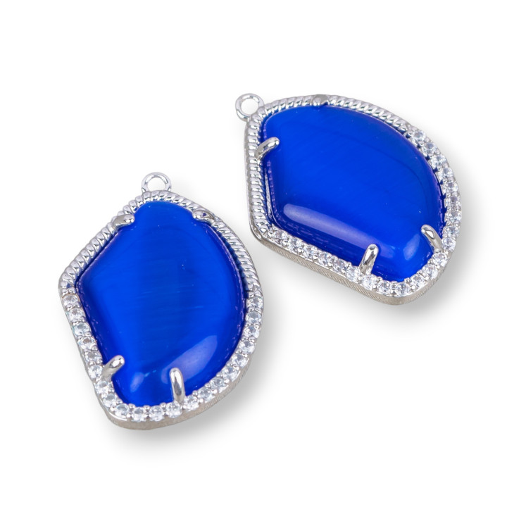 Komponentenverbinder aus Messing mit eingebettetem Katzenauge und unregelmäßigen Zirkonen 17 x 22 10 Stück Blau Rhodium
