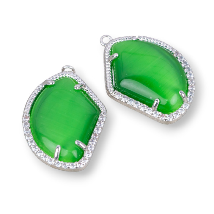 Conector de componente de latón con ojo de gato incrustado y circonitas irregulares 17x22 10pcs verde rodio