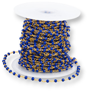 Chaîne Chapelet Avec Cristaux 15mt Doré Bleu Electrique