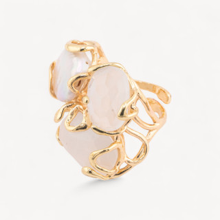 Bague Oeil de Chat Bronze 32x36mm Taille Ajustable Avec Perles de Rivière Dorées Blanches Transparentes