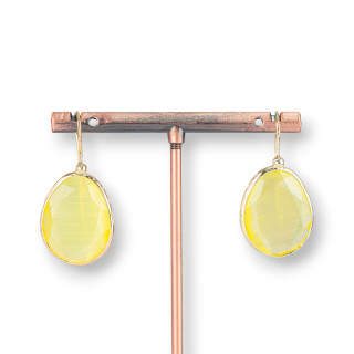 Pendientes Gancho De Bronce Con Mango Ojo De Gato Con Borde 18x36mm 1 Par Amarillo