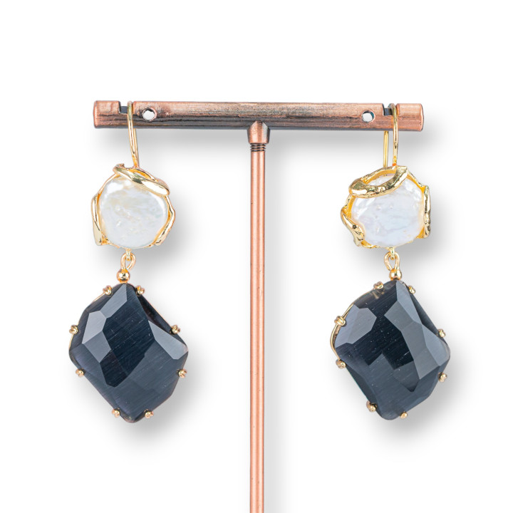 Bronze Hook Earrings with Baroque Pearls with Rhombus Cat's Eye Pendant 21x58mm Black