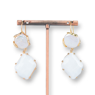 Bronze Hook Earrings With Baroque Pearls With Rhombus Cat's Eye Pendant 21x58mm White