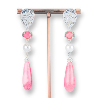 Wrought Bronze Stud Earrings With Teardrop Hard Petre 13x75mm Pink