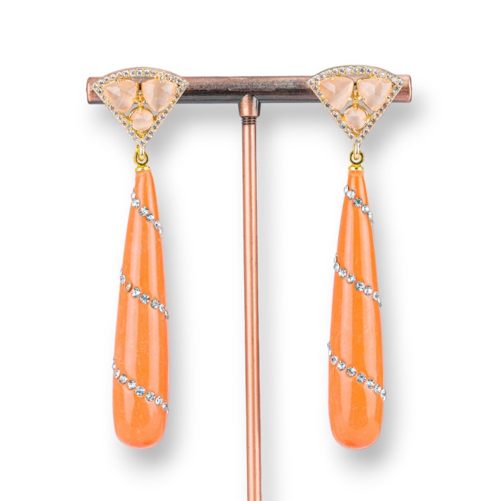 Boucles D'oreilles Tiges Oeil De Chat En Bronze Sertie De Gouttes En Pâte De Zircon 18x70mm Orange