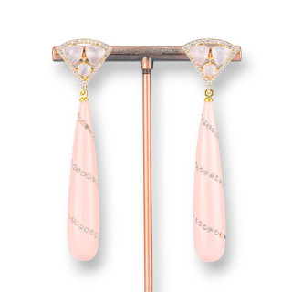 Juego de aretes de bronce ojo de gato con gotas de pasta de circón 18x70 mm rosa