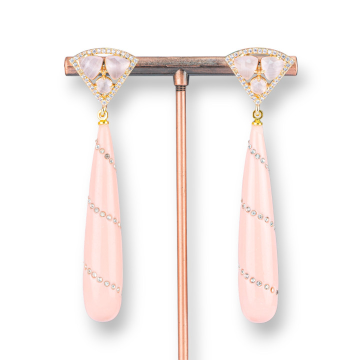 Juego de aretes de bronce ojo de gato con gotas de pasta de circón 18x70 mm rosa