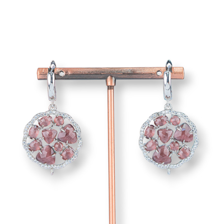 Boucles D'Oreilles Tige Bronze Avec Pendentif Oeil De Chat Serti 24x40mm Violet