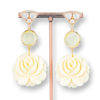 Boucles D'oreilles Tiges Bronze Yeux De Chat Et Zircons Fleurs Résine 32x68mm Blanc