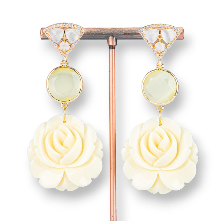 Bronze Stud Earrings with Cat's Eye and Zircons with Resin Flowers 32x68mm White